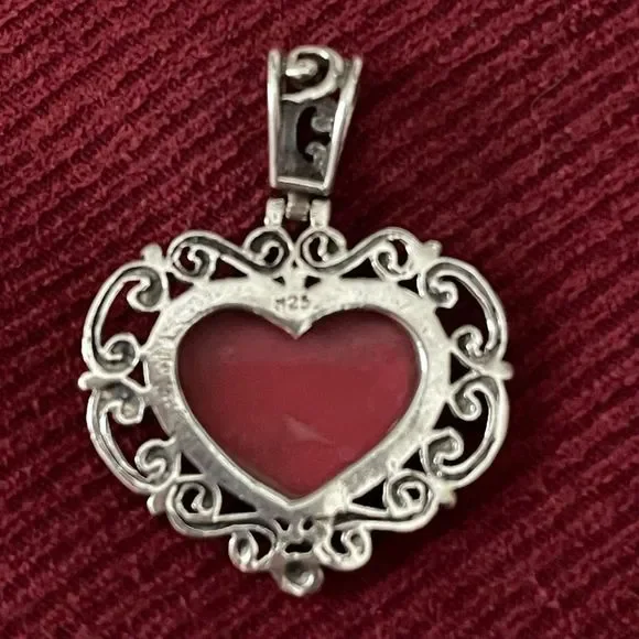 Antique Red Enamel Cabochon Handmade‎ Heart 925 Silver Scrollwork Pendant OOAK - Picture 5 of 6